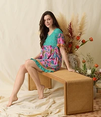 40WINKS Boho Blooms Patchwork Print Short Sleeve V-Neck Woven Sleepshirt