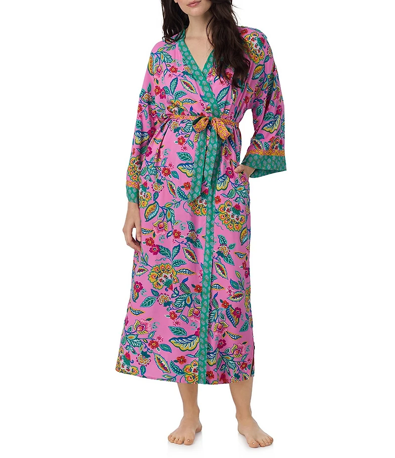 40WINKS Boho Blooms Print Long Sleeve V-Neck Woven Long Wrap Robe