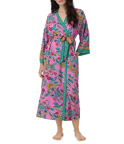 40WINKS Boho Blooms Print Long Sleeve V-Neck Woven Long Wrap Robe