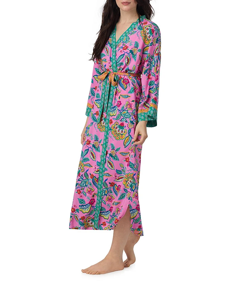 40WINKS Boho Blooms Print Long Sleeve V-Neck Woven Long Wrap Robe
