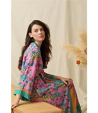 40WINKS Boho Blooms Print Long Sleeve V-Neck Woven Long Wrap Robe