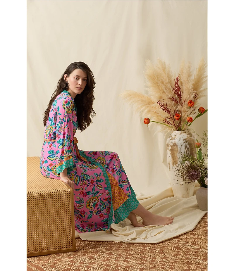 40WINKS Boho Blooms Print Long Sleeve V-Neck Woven Long Wrap Robe