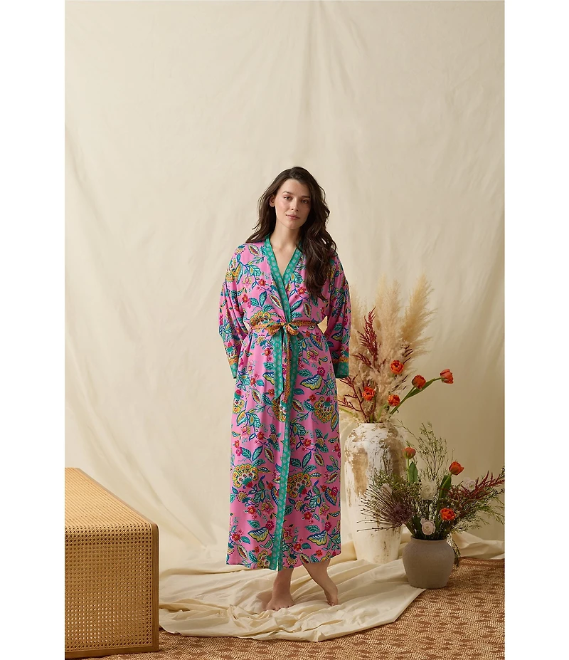 40WINKS Boho Blooms Print Long Sleeve V-Neck Woven Long Wrap Robe