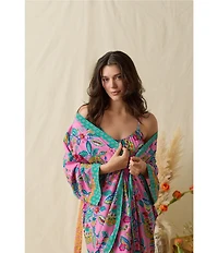 40WINKS Boho Blooms Print Long Sleeve V-Neck Woven Long Wrap Robe