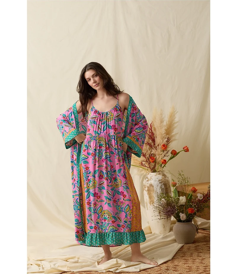 40WINKS Boho Blooms Print Long Sleeve V-Neck Woven Long Wrap Robe