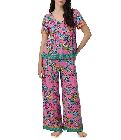 40WINKS Boho Blooms Print Short Sleeve V-Neck Woven Coordinating Sleep Top