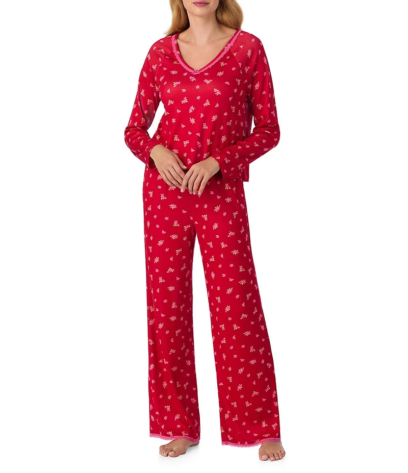 40WINKS Ditsy Floral Pointelle Knit Long Sleeve V-Neck Long Pajama Set