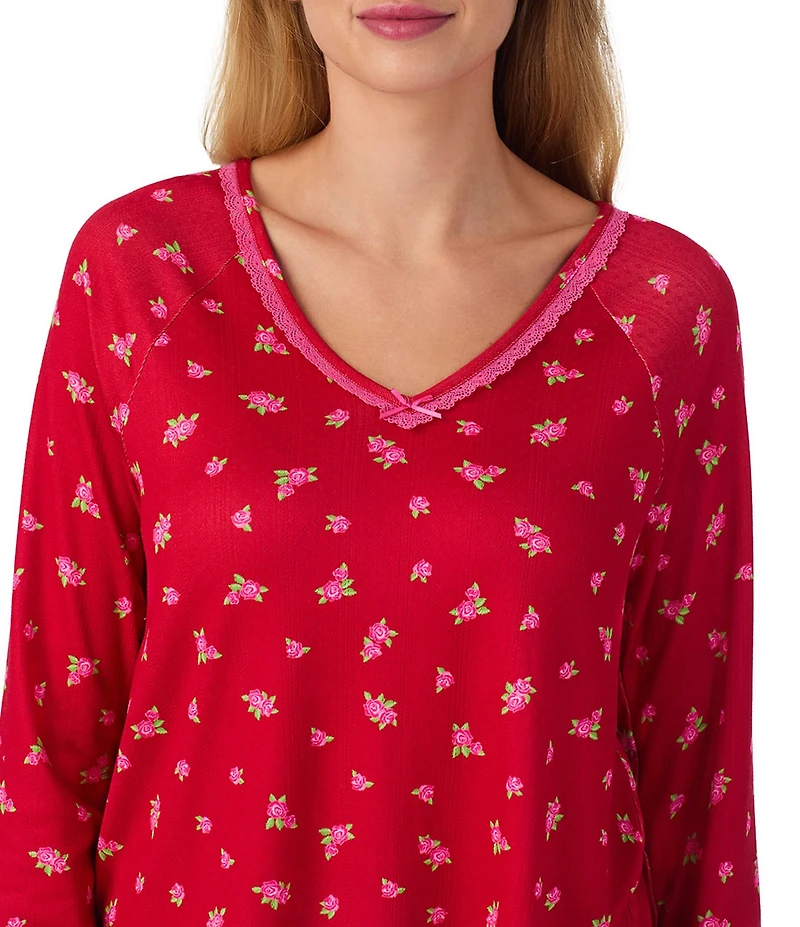 40WINKS Ditsy Floral Pointelle Knit Long Sleeve V-Neck Long Pajama Set