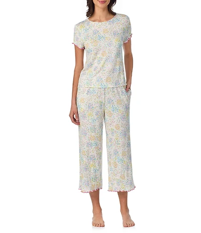 40WINKS Ditsy Floral Print Short Sleeve Round Neck Jersey Knit Cropped Pajama Set