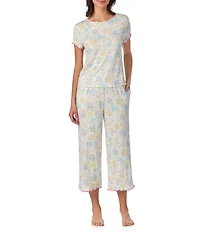 40WINKS Ditsy Floral Print Short Sleeve Round Neck Jersey Knit Cropped Pajama Set