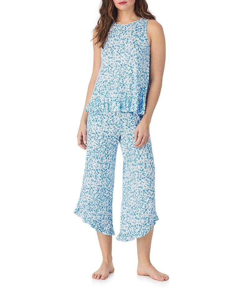 40WINKS Ditsy Floral Print Sleeveless Crew Neck Jersey Knit Cropped Ruffle Pajama Set