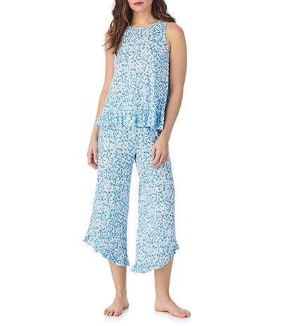 40WINKS Ditsy Floral Print Sleeveless Crew Neck Jersey Knit Cropped Ruffle Pajama Set