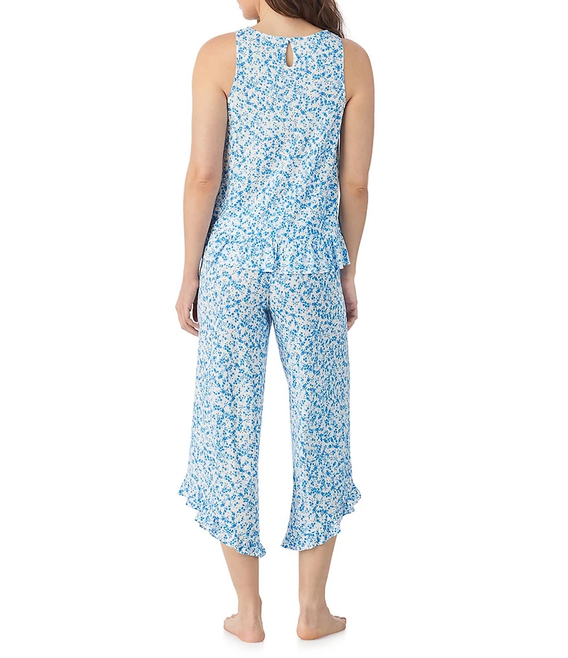 40WINKS Ditsy Floral Print Sleeveless Crew Neck Jersey Knit Cropped Ruffle Pajama Set