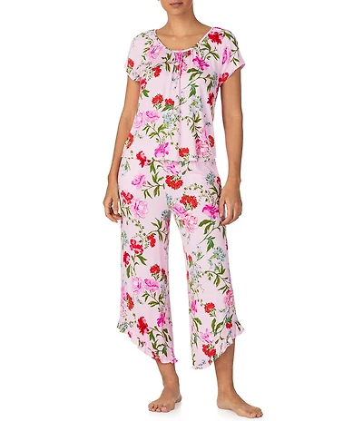 40WINKS Floral Print Cap Sleeve Round Neck Jersey Knit Cropped Pajama Set