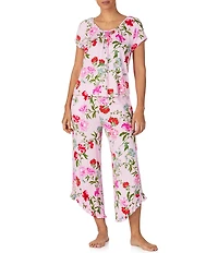 40WINKS Floral Print Cap Sleeve Round Neck Jersey Knit Cropped Pajama Set