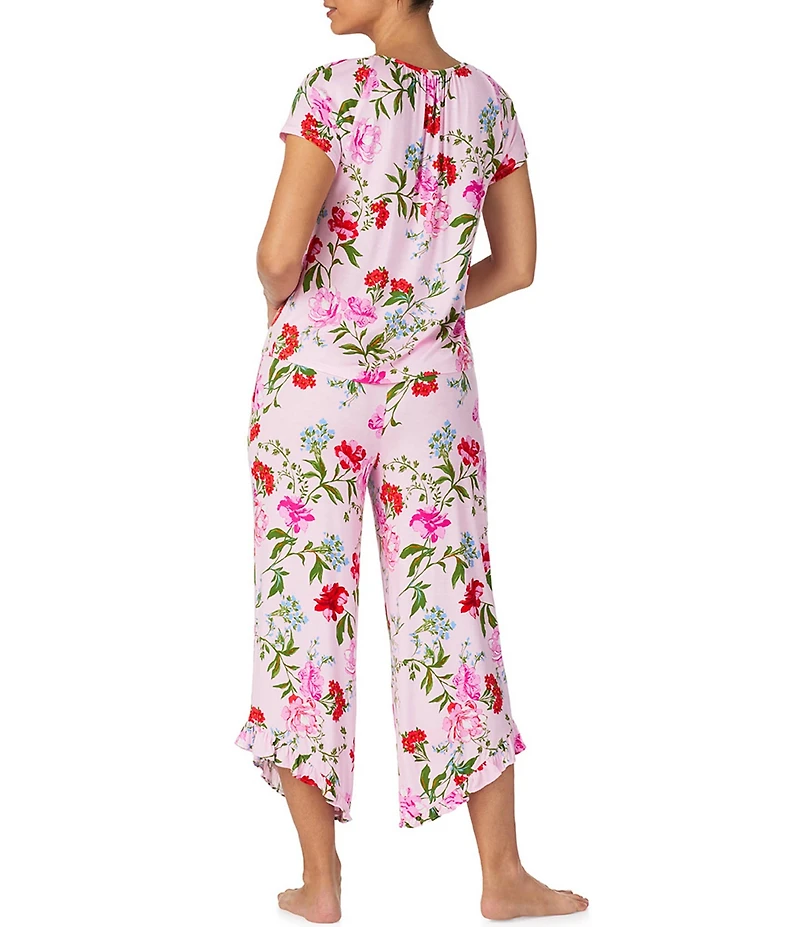 40WINKS Floral Print Cap Sleeve Round Neck Jersey Knit Cropped Pajama Set