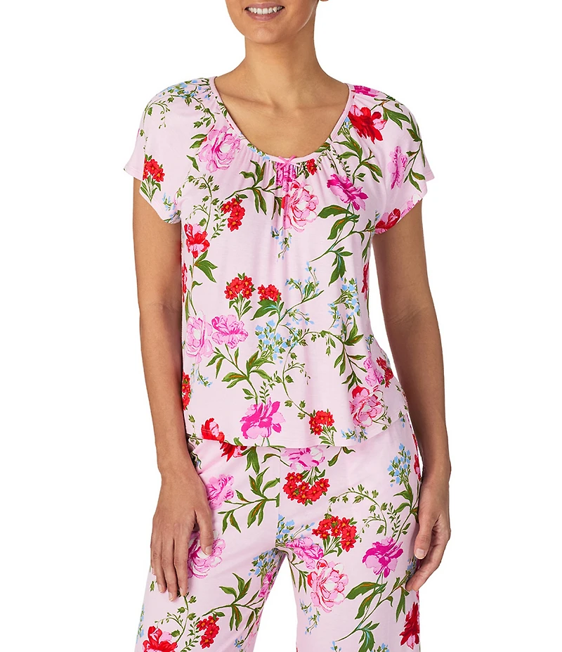 40WINKS Floral Print Cap Sleeve Round Neck Jersey Knit Cropped Pajama Set