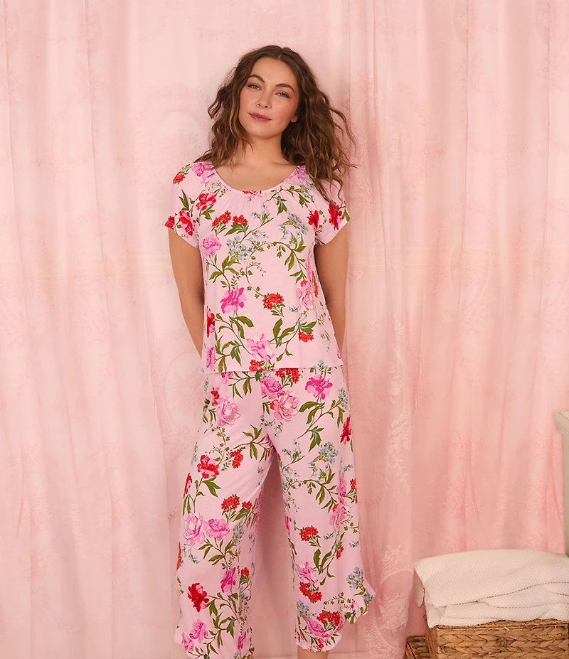 40WINKS Floral Print Cap Sleeve Round Neck Jersey Knit Cropped Pajama Set