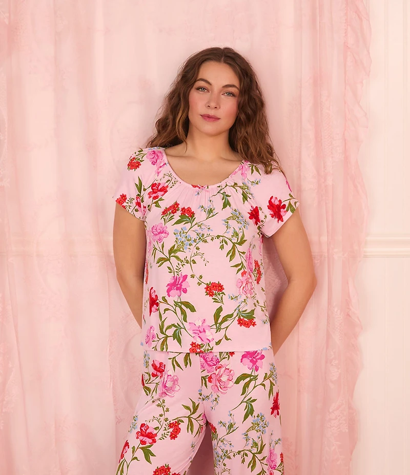 40WINKS Floral Print Cap Sleeve Round Neck Jersey Knit Cropped Pajama Set