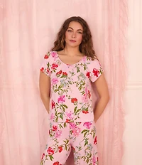 40WINKS Floral Print Cap Sleeve Round Neck Jersey Knit Cropped Pajama Set