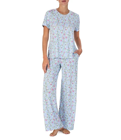 40WINKS Floral Print Short Sleeve Crew Neck Jersey Knit Pant Pajama Set