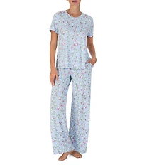 40WINKS Floral Print Short Sleeve Crew Neck Jersey Knit Pant Pajama Set