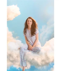 40WINKS Floral Print Short Sleeve Crew Neck Jersey Knit Pant Pajama Set