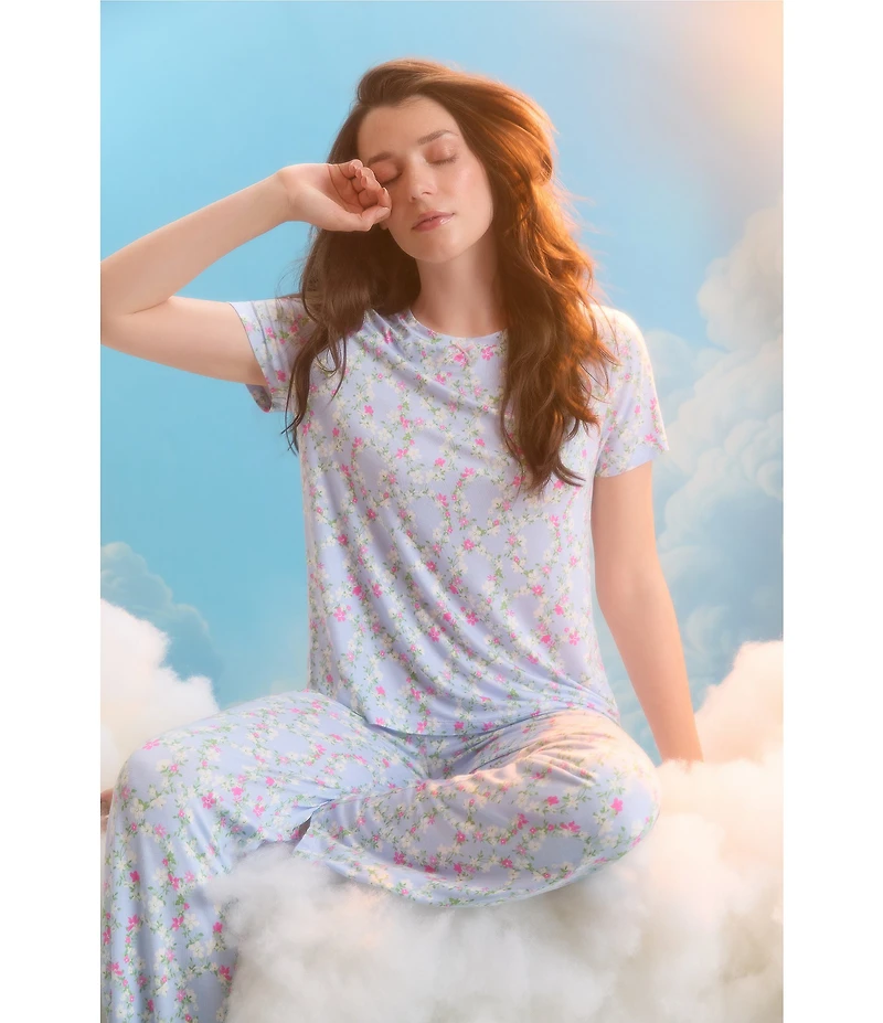 40WINKS Floral Print Short Sleeve Crew Neck Jersey Knit Pant Pajama Set