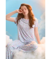 40WINKS Floral Print Short Sleeve Crew Neck Jersey Knit Pant Pajama Set