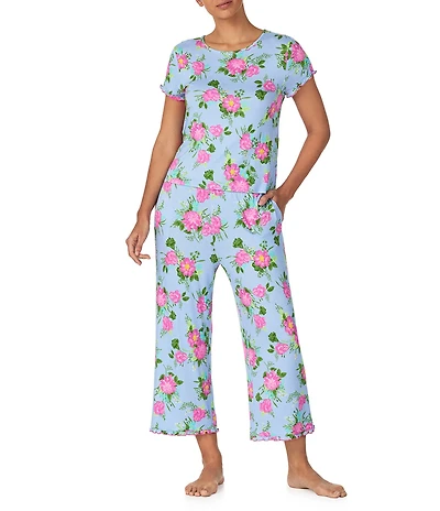40WINKS Floral Print Short Sleeve Round Neck Jersey Knit Cropped Pajama Set