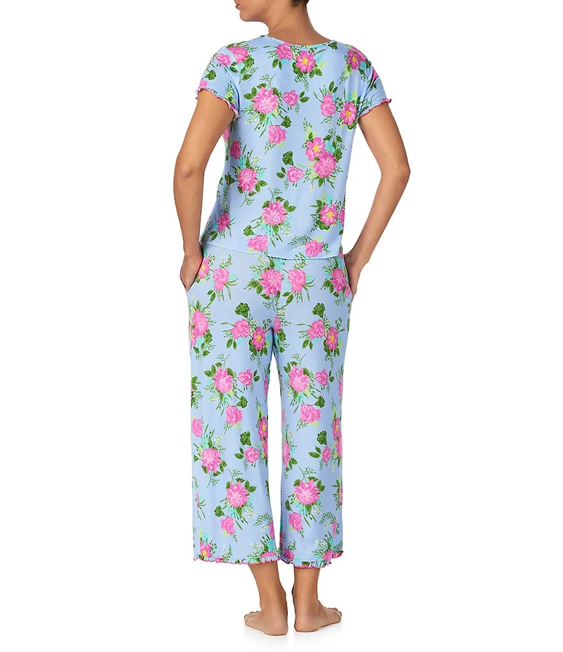 40WINKS Floral Print Short Sleeve Round Neck Jersey Knit Cropped Pajama Set