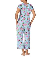 40WINKS Floral Print Short Sleeve Round Neck Jersey Knit Cropped Pajama Set