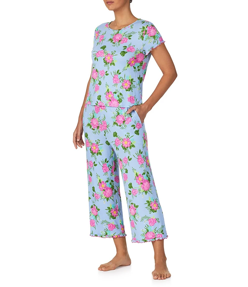 40WINKS Floral Print Short Sleeve Round Neck Jersey Knit Cropped Pajama Set