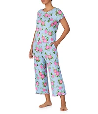 40WINKS Floral Print Short Sleeve Round Neck Jersey Knit Cropped Pajama Set