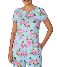 40WINKS Floral Print Short Sleeve Round Neck Jersey Knit Cropped Pajama Set