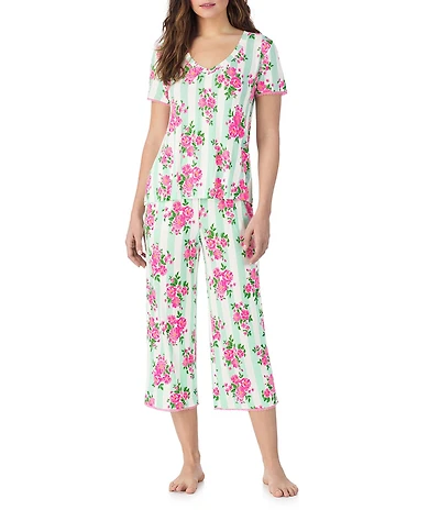 40WINKS Floral Print Short Sleeve Tee & Cropped Pant Jersey Knit Pajama Set