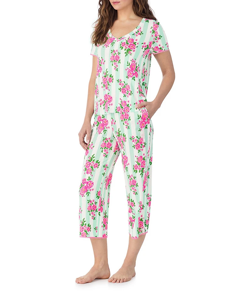 40WINKS Floral Print Short Sleeve Tee & Cropped Pant Jersey Knit Pajama Set