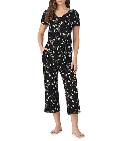 40WINKS Floral Print Short Sleeve Tee & Cropped Pant Jersey Knit Pajama Set