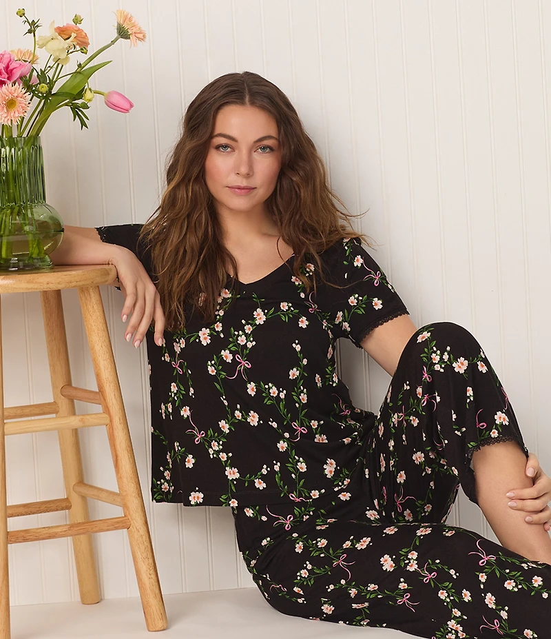 40WINKS Floral Print Short Sleeve Tee & Cropped Pant Jersey Knit Pajama Set