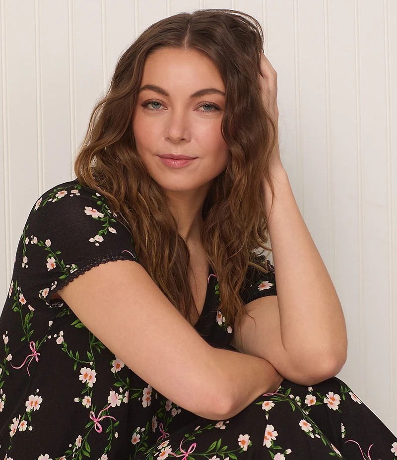 40WINKS Floral Print Short Sleeve Tee & Cropped Pant Jersey Knit Pajama Set