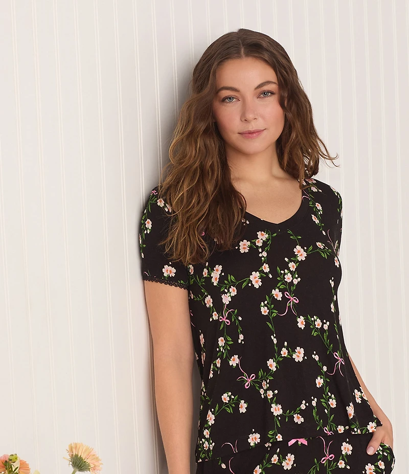 40WINKS Floral Print Short Sleeve Tee & Cropped Pant Jersey Knit Pajama Set