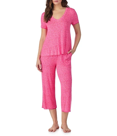 40WINKS Floral Print Short Sleeve Tee & Cropped Pant Jersey Knit Pajama Set