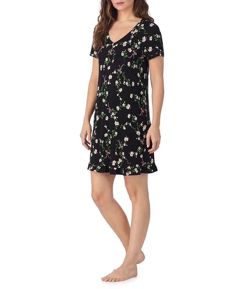 40WINKS Floral Print Short Sleeve V-Neck Jersey Knit Sleepshirt