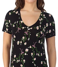 40WINKS Floral Print Short Sleeve V-Neck Jersey Knit Sleepshirt