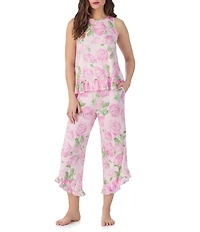 40WINKS Floral Print Sleeveless Ruffle Crew Neck Jersey Knit Cropped Pajama Set