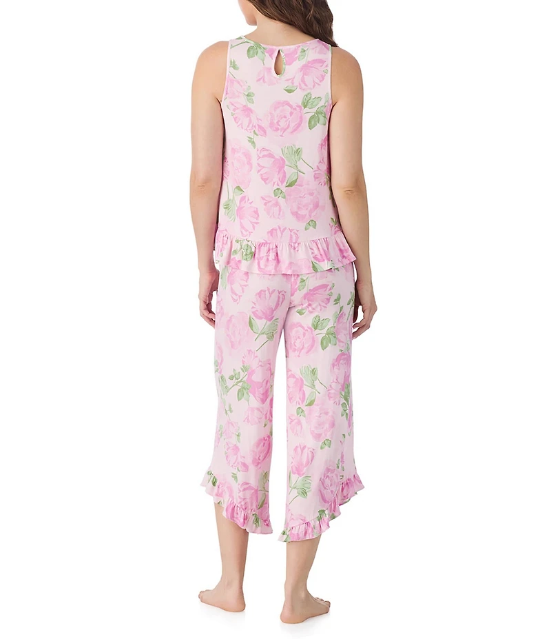 40WINKS Floral Print Sleeveless Ruffle Crew Neck Jersey Knit Cropped Pajama Set