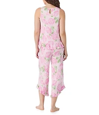 40WINKS Floral Print Sleeveless Ruffle Crew Neck Jersey Knit Cropped Pajama Set