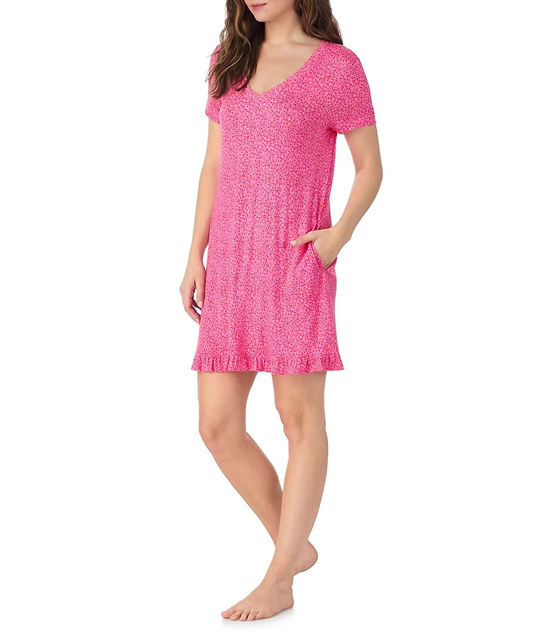 40WINKS Floral Print V-Neck Short Sleeve Jersey Knit Sleepshirt