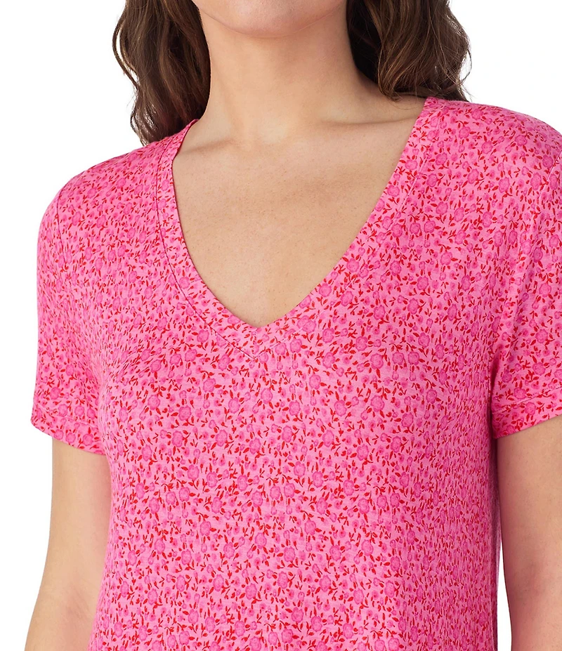 40WINKS Floral Print V-Neck Short Sleeve Jersey Knit Sleepshirt