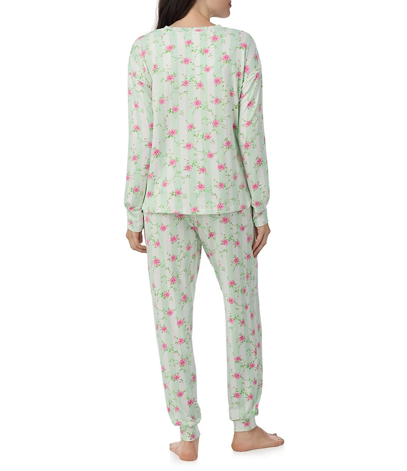 40WINKS Floral Stripe Print Long Sleeve Crew Neck Knit Jogger Pajama Set